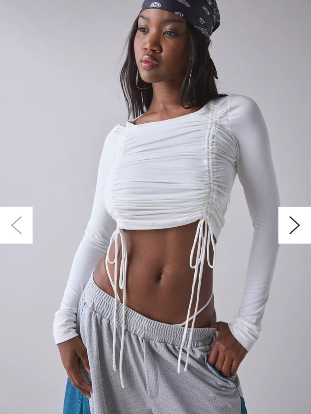White Long-Sleeve Ruched Drawstring Crop Top - Women
